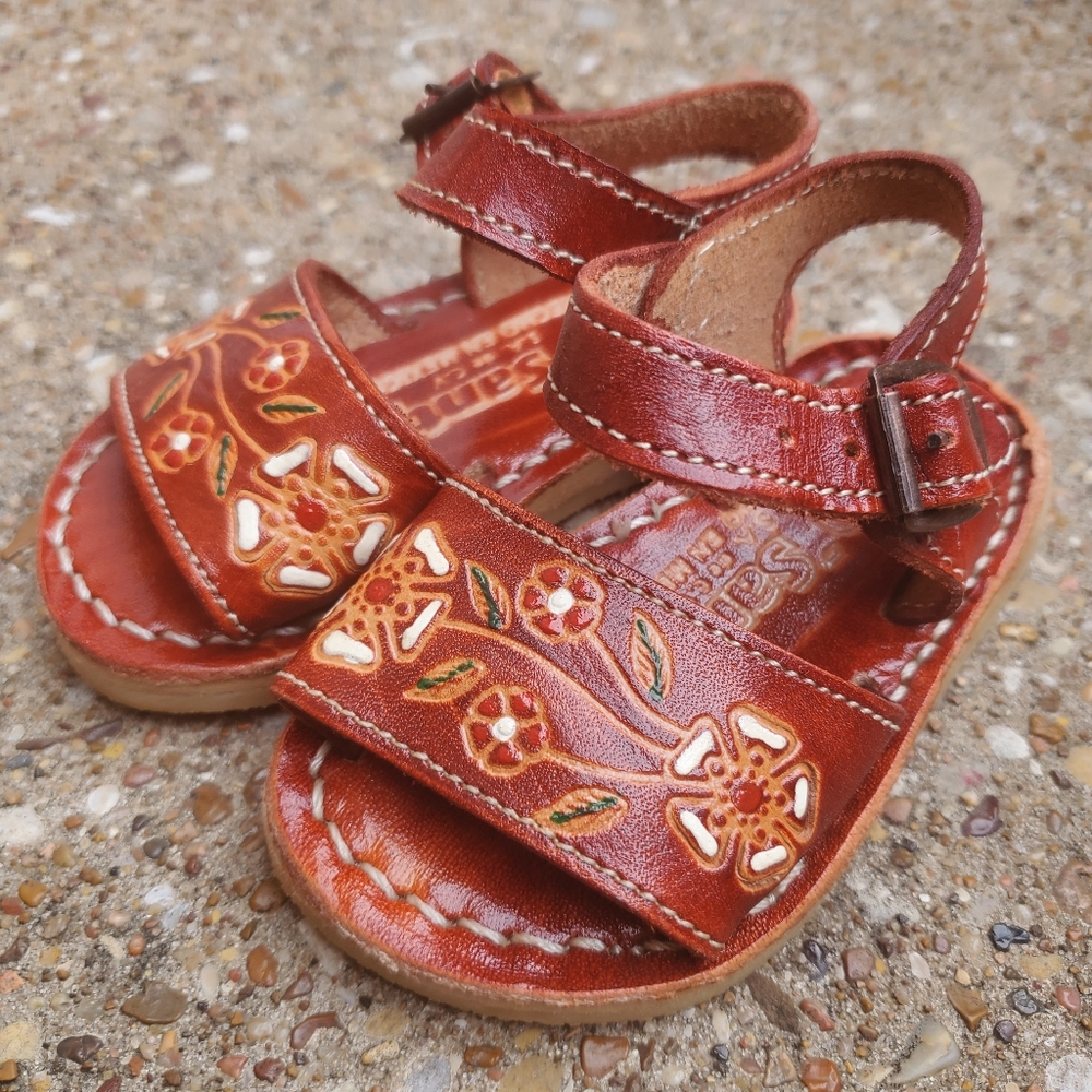 D'Santy Huaraches Floresitas Cafe Ibarra Leather Baby Sandals Flowers 1 Mexico